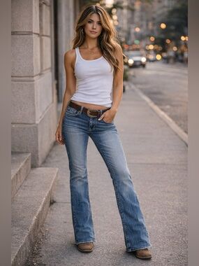 BKE Bootcut Jeans Womens 25 Low Rise Medium Wash Distressed Hem Stretch Y2K